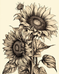 Sunflowers Illustration, sketch, watercolor, for graphic design, logos, t shirts. Generative AI