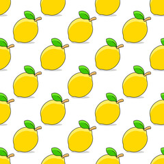Bright and fresh lemons with leaf on white background. Seamless summer pattern. Suitable for packaging, menu design.