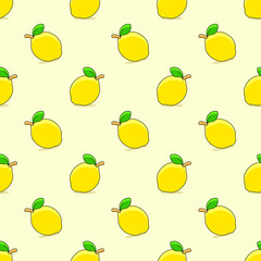 Bright and fresh lemons with leaf on white background. Seamless summer pattern. Suitable for packaging, menu design.