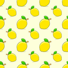 Bright and fresh lemons with leaf on white background. Seamless summer pattern. Suitable for packaging, menu design.	