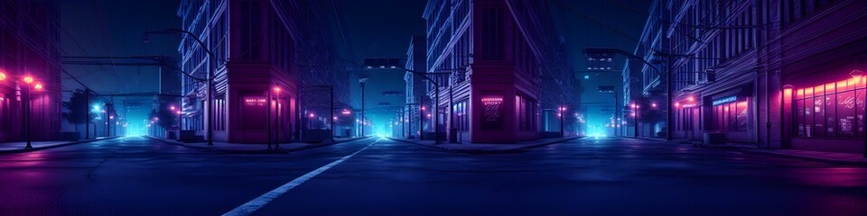 Amidst the deep night, the quiet street glows in hues of blue and pink, casting a dreamy and tranquil ambiance