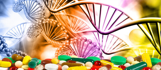  medicines piled in disorder - tablets, capsules against abstract dna chains in the background.