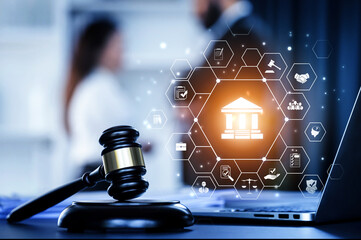 Smart law, legal advice icons and lawyer working tools in the lawyers office showing concept of...