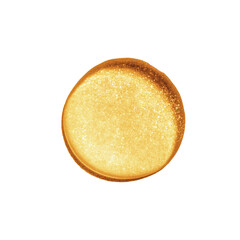 Large drop of liquid gold. Or a yellow liquid with sparkles. Isolated on a white background. Laboratory, chemistry, cosmetics, glitter.