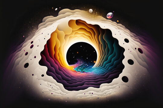An illustration of a white hole, a hypothetical region of space-time. Use surreal style and bright color palette to create a sense of mystery and wonder. Generative AI