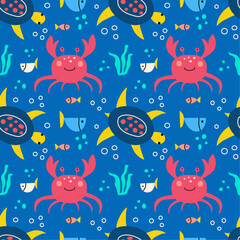 Seamless pattern with cute funny crab, turtle, fishes  and seaweed on a blue background. Vector graphic perfect for wallpaper, wrapping paper, for designing prints on textiles, clothes, pillows.