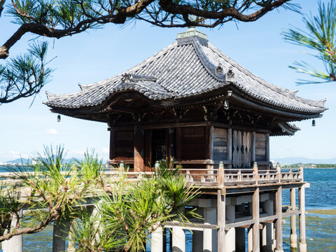 Otsu, Japan - August 21, 2018: Ukimido pavilion on the shores of Lake Biwa (one of the Eight Views of Omi)