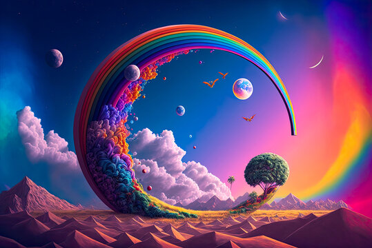 Rainbow landscape, crescent moon shape, colorful, fantasy. Generative AI