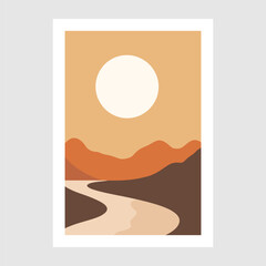 Minimalist abstract desert background with mountains and sun. Vector illustration.
