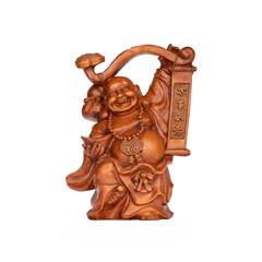 Wooden figurine of the Buddhist god Hotei with a bowl of wealth on a white background.