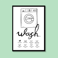 Washing instructions and washing machine vector for laundry room. For prints on the frame, posters, cards. Hand drawn black washing machine and washing instructions on a white background.