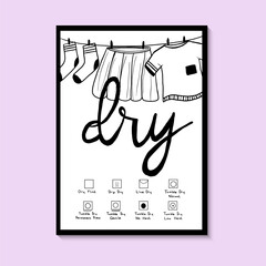 Drying instructions and drying clothes vector for laundry room. For prints on the frame, posters, cards. Hand drawn black drying clothes and drying instructions on white background.