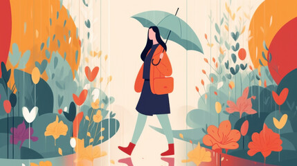 The girl twirls her umbrella as she walks through the rain, feeling carefree and alive. Generative AI