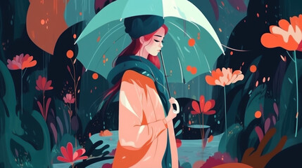 A serene girl walks in the gentle spring rain, enjoying the peacefulness of nature. Generative AI