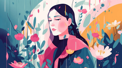 The girl is lost in thought as she walks through the rain, surrounded by the scent of blooming flowers. Generative AI