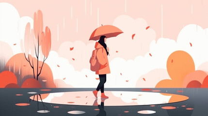 As the rain pours down, the girl holds onto her hat and enjoys the fresh spring air. Generative AI