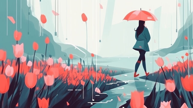 With an umbrella in hand, the girl strolls in the gentle spring rain. Generative AI