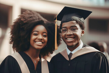 Beautiful black american young man and woman wearing a graduation cap. Study, education, graduate concept. Generative AI illustration - Powered by Adobe
