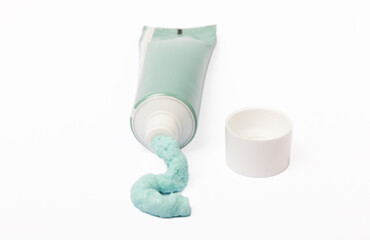  Tube of toothpaste isolated on white background. Close-up. Prevention of dental plaque and caries. Fresh breath. Dentistry concept. Oral care.