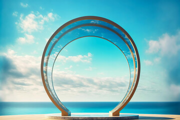 Obraz na płótnie Canvas Minimal Glass arch podium on a sea background. Generative AI illustration