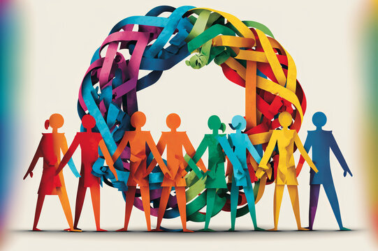 A group of people each holding a different colored ribbon, tied in the center. Represents the idea of teamwork and collaboration with a friendly composition. Generative AI