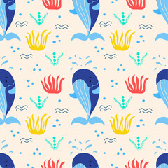 Seamless pattern with cute funny whale  and seaweed on a pink background. Vector graphic perfect for wallpaper, wrapping paper, for designing prints on textiles, clothes, pillows.
