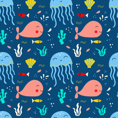 Naklejka na ściany i meble Seamless pattern with cute funny whale, jellyfish, fishes and seaweed on a blue background. Vector graphic perfect for wallpaper, wrapping paper, for designing prints on textiles, clothes, pillows.