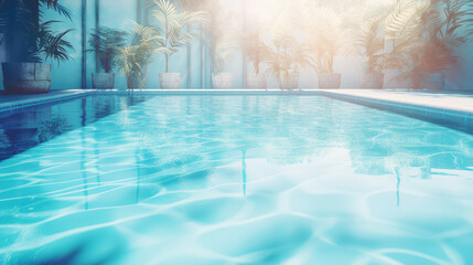 Empty swimming pool in tropical resort in summer background. Generative AI illustration