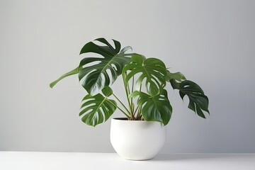 clean image of a large leaf house plant Monstera deliciosa in a gray pot on a white background - obrazy, fototapety, plakaty