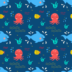 Seamless pattern with cute funny octopus, shark, fishes  and seaweed on a blue background. Vector graphic perfect for wallpaper, wrapping paper, for designing prints on textiles, clothes, pillows.