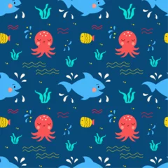Fototapete Meeresleben Seamless pattern with cute funny octopus, shark, fishes  and seaweed on a blue background. Vector graphic perfect for wallpaper, wrapping paper, for designing prints on textiles, clothes, pillows.
