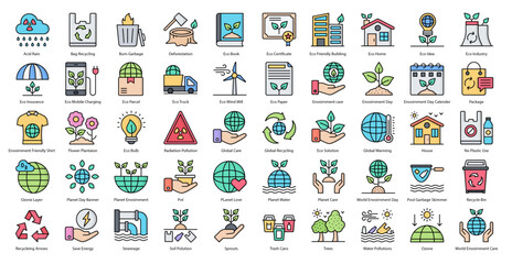 Global Warming Color Line Icons Ecology Environment Icon Set in Filled Outline Style 50 Vector Icons