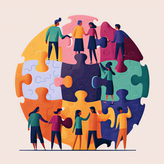 Obraz premium Group of people holding pieces of a puzzle, representing teamwork and communication. Inviting warm colors, composition suggests inclusion and cooperation. Generative AI