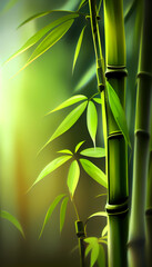 Bamboo stalks with leaves on green blurred background or mobile wallpaper. Generative ai.