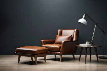 A beautiful and stylish brown leather armchair with ottoman in front of a dark empty wall with a lamp | Interior design of a modern and luxurious living room | Generative Ai | Indoor Décor