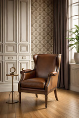 Fototapeta na wymiar Interior design of a living room with a brown leather armchair in front of a light color empty wall | Generative Ai | Indoor décor | Modern and luxurious living room