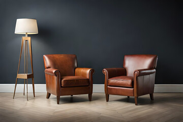 Living room with two beautiful and stylish brown leather armchairs in front of a dark empty wall with a lamp | Interior design of a modern and luxurious living room | Generative Ai | Indoor Décor