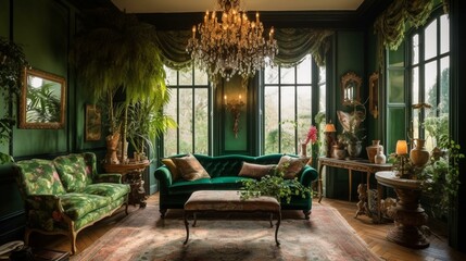 Obraz na płótnie Canvas A bold French Provincial living room with toile and floral textures displaying a green velvet sofa, a wrought iron chandelier, and a view of a vibrant jungle, generative ai