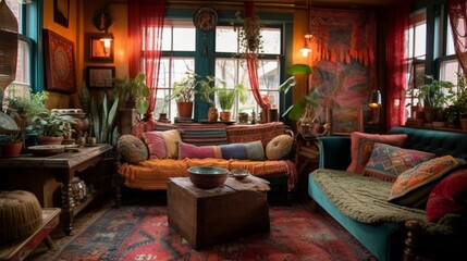 Fototapeta na wymiar A vintage Bohemian Living Room with a kilim sofa and velvet curtains, generative ai