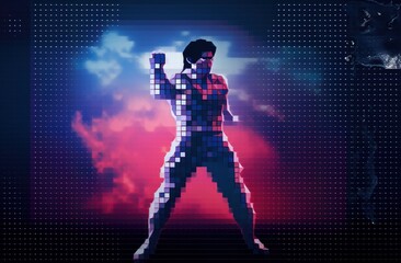 Fototapeta na wymiar A black and white pixelated image of a fighter in the game. Generative AI.