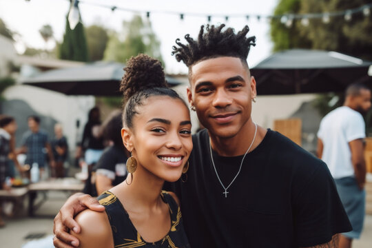 Happy young black couple in backyard at party together. Generative AI. 