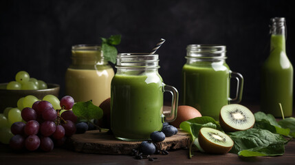 Glass jar mugs with green health smoothie, kale leaves, lime, apple, kiwi, grapes, banana, avocado, lettuce. Copy space, Raw, vegan, vegetarian, detox, alkaline food concept. generative ai