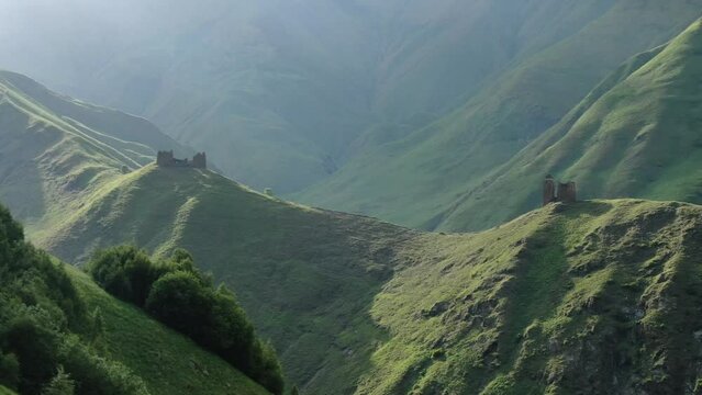 Aerial drone view of historical castle Mutso in Khevsureti, Georgia