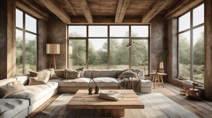 Fototapeta na wymiar A rustic Living Room with a distressed wood ceiling, linen upholstered sofa, and a view of nature through a large window, generative ai