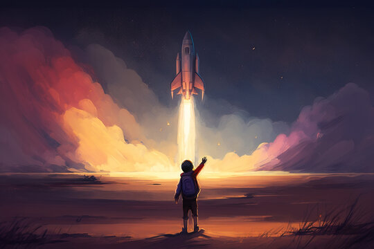 boy waving goodbye to spaceship, Generative AI