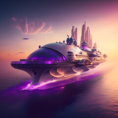 Fototapeta na wymiar huge toutist cruiser gliding over epic city on alien maldives planet purple sun ray tracing octane render huge gorgeus ocean 