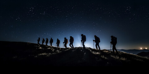 Group of Hikers climbing a mountain by starlight in the night, low angle - Generative AI