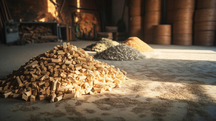Ground level of heap of compressed wood pellets stacked on floor near chopped firewood of various types with green leaves and biomass briquettes in sunlight. generative ai - obrazy, fototapety, plakaty