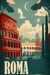 Fototapeten An vintage 1950s Rome poster featuring the Colosseum and Pantheon in the background. Grey cloudy sky with vivid colors and flat design. Generative AI © XaMaps
