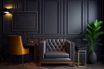 Modern interior design for home, office, interior details, upholstered furniture against the background of a dark classic wall. Generative Ai.